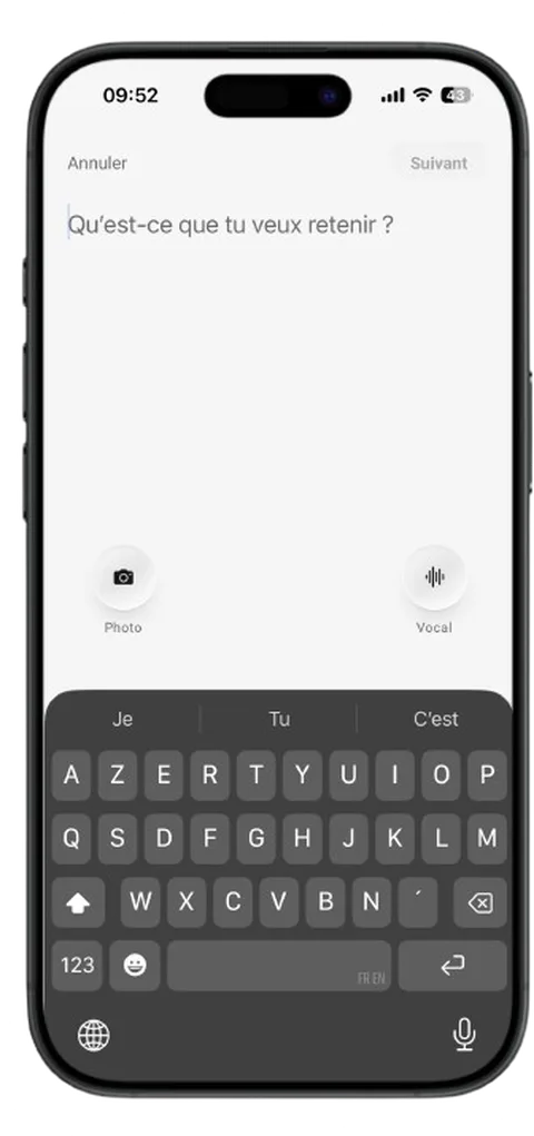 L’écran réel de saisie Nookeon, avec les commandes Photo et Vocal.